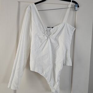 Zara White Asymmetric One-Shoulder Long-Sleeve Bodysuit